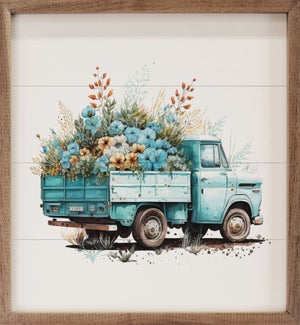 Blue Truck With Flowers Back View